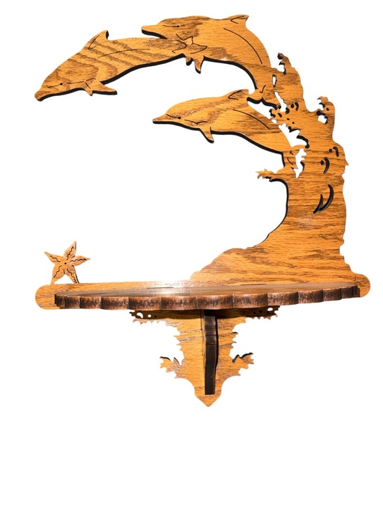 None Other - Wooden Dolphin Wave Wall Shelf - Natural Brown